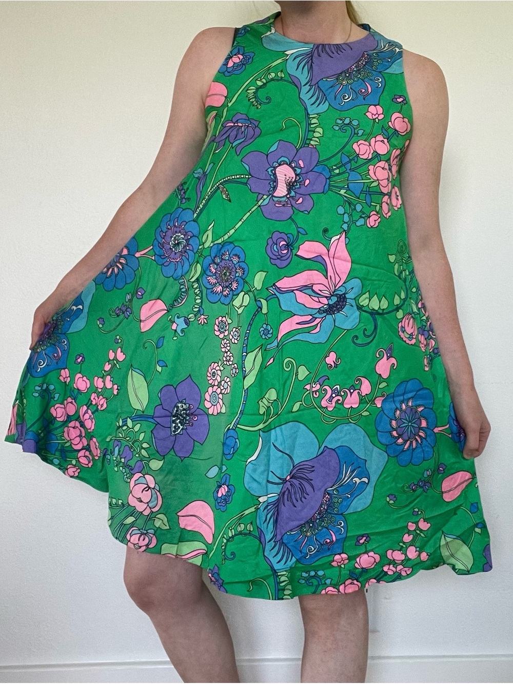 Vogue Americana green floral dress with purple, pink, and blue flowers. #floral